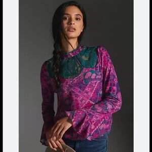 Anthropologie Elegant Pink and Green Women's Top